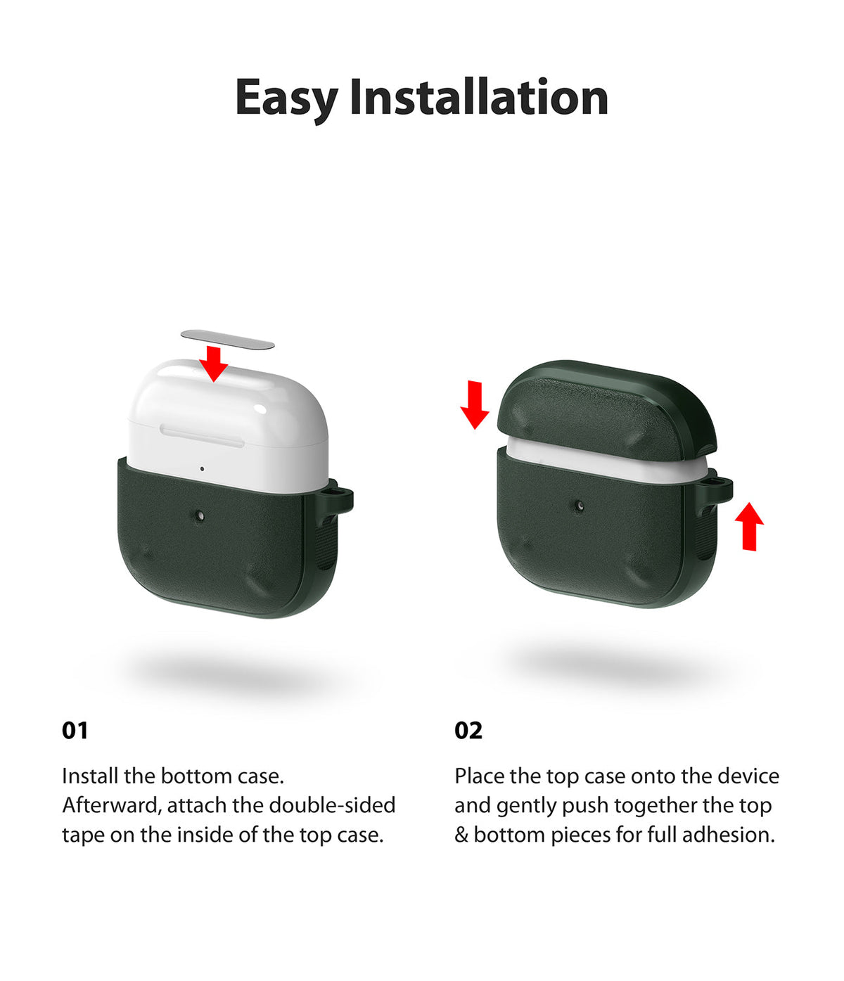 AirPods 3 Case | Onyx - Two-step installation guide showing how to attach the dark green protective case to AirPods.