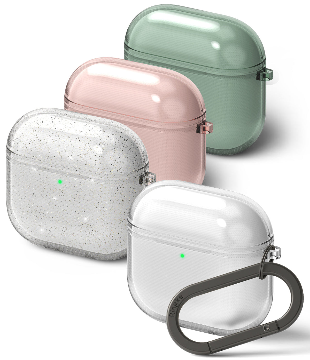 AirPods 5 / 4 Case | Air - Four translucent AirPods 4 cases in glitter, clear, pink, and green, with a black carabiner attached.