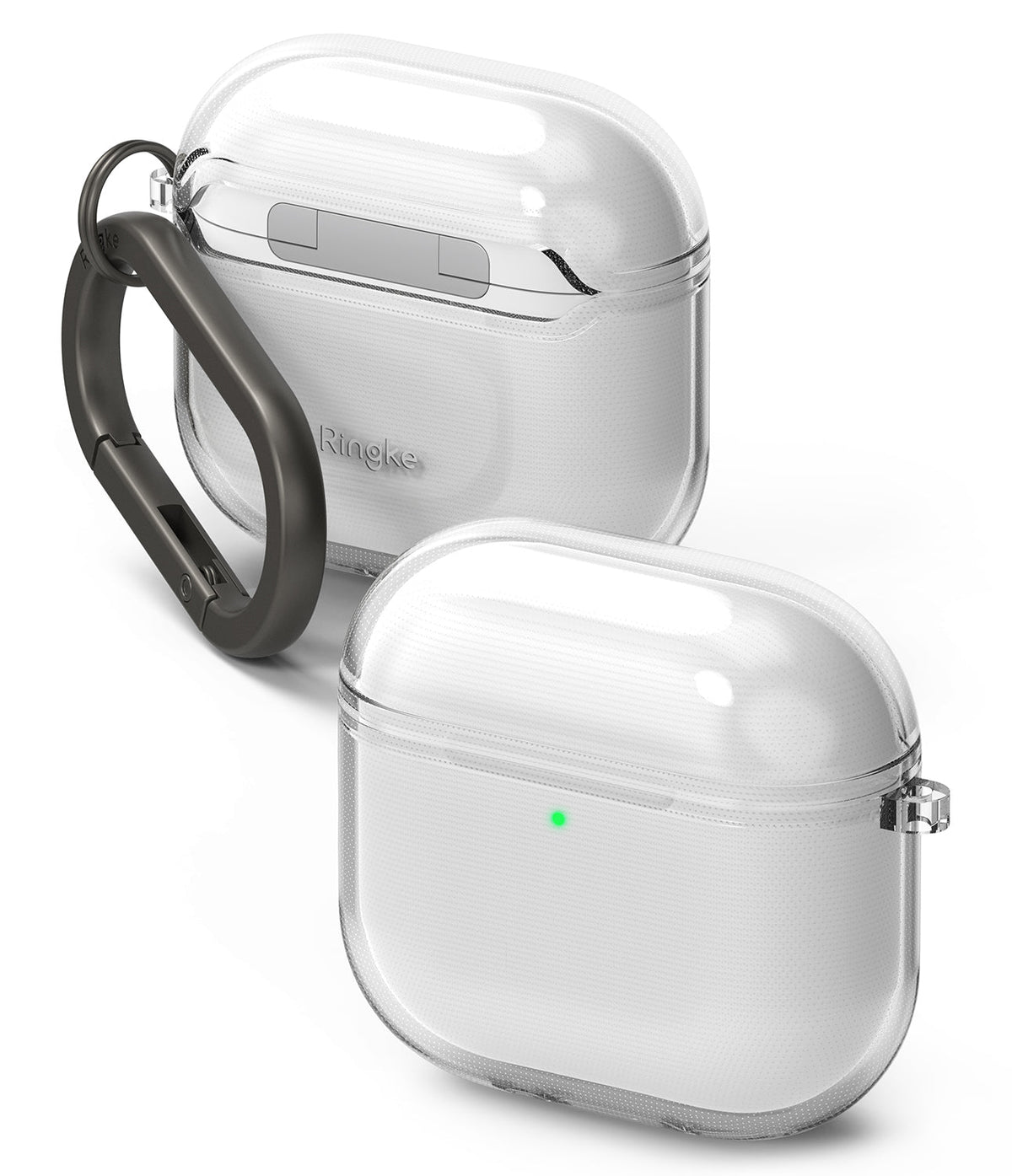 AirPods 5 / 4 Case | Air - Two clear protective cases for AirPods 4, one with a dark grey carabiner attached.