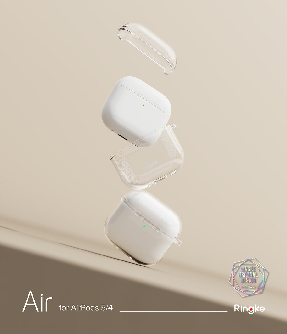 AirPods 5 / 4 Case | Air - Clear protective case components floating around a white AirPods 4 charging case against a beige background.