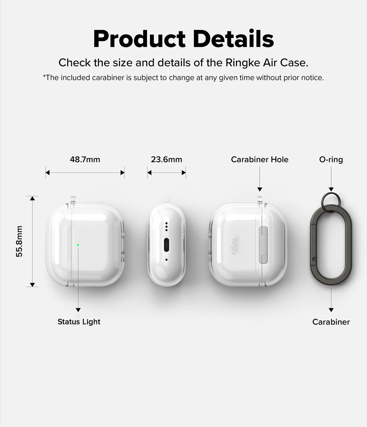 AirPods 5 / 4 Case | Air - Technical diagram showing dimensions and features of a clear AirPods 4 case with a carabiner.