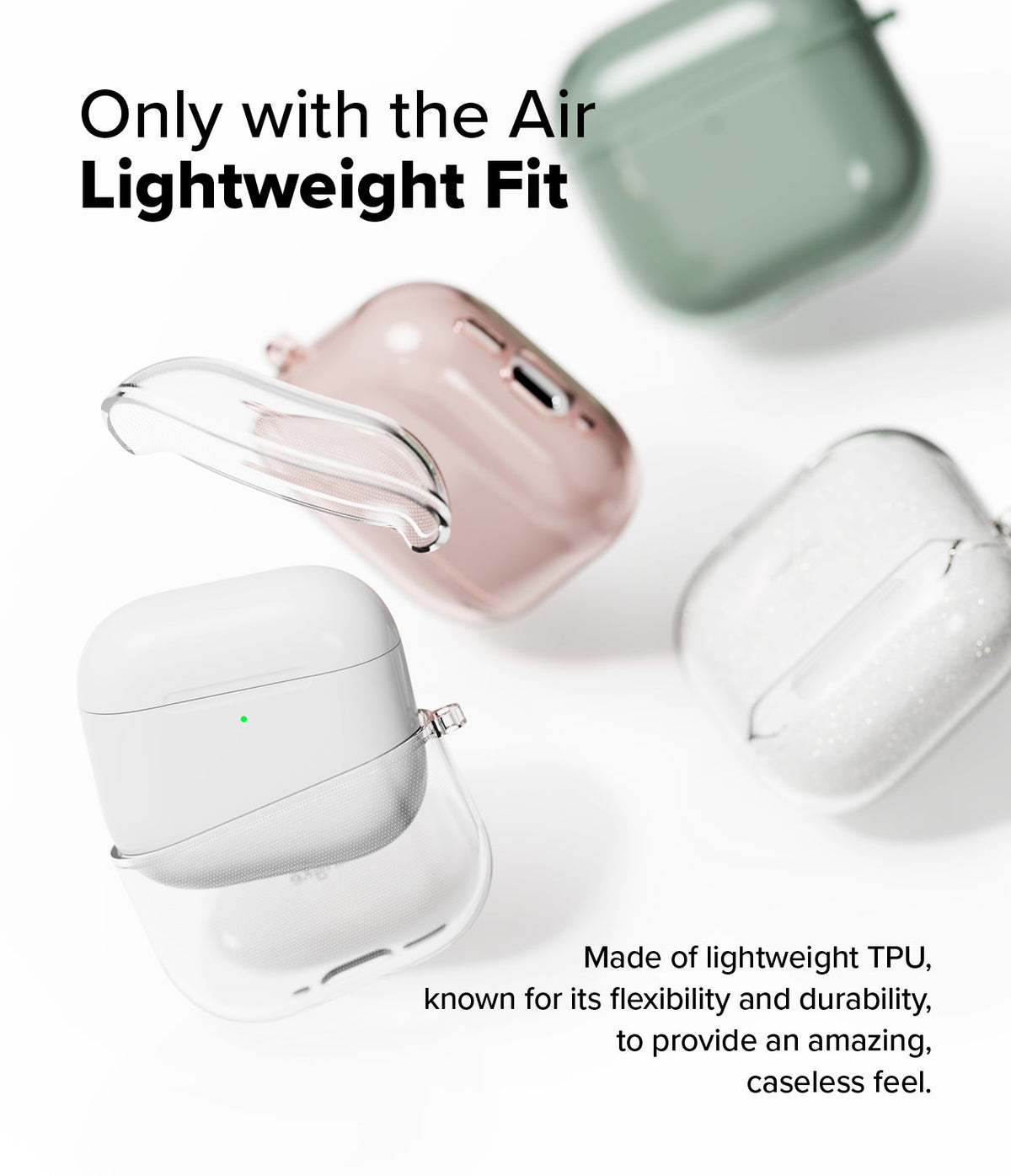 AirPods 5 / 4 Case | Air - Multiple transparent TPU AirPods 4 cases in various colors floating against a white background.