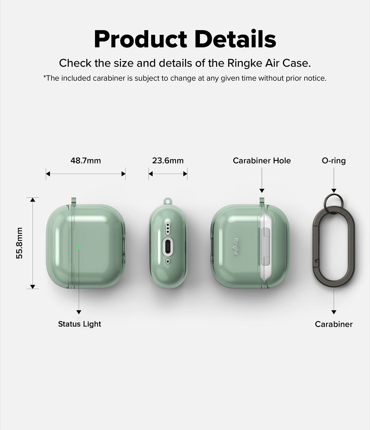 AirPods 5 / 4 Case | Air - Technical diagram showing dimensions and features of a green AirPods 4 case with a carabiner.