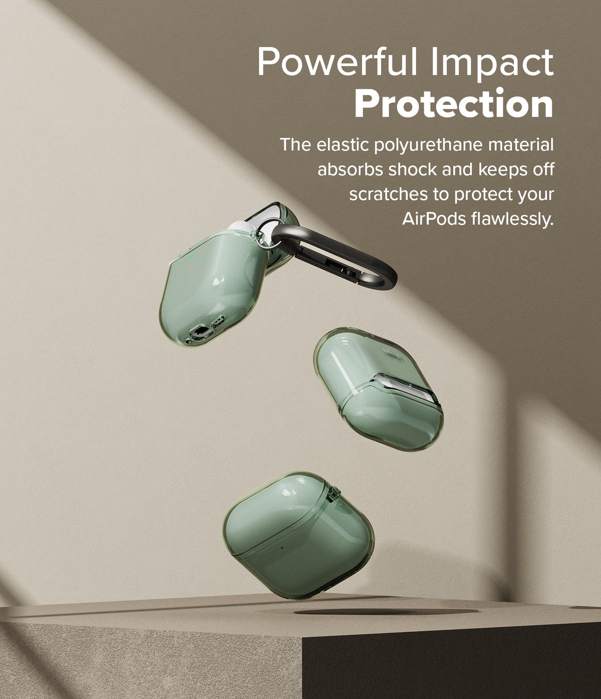 AirPods 5 / 4 Case | Air - Three translucent sage green AirPods 4 cases floating above a pedestal with a black carabiner.