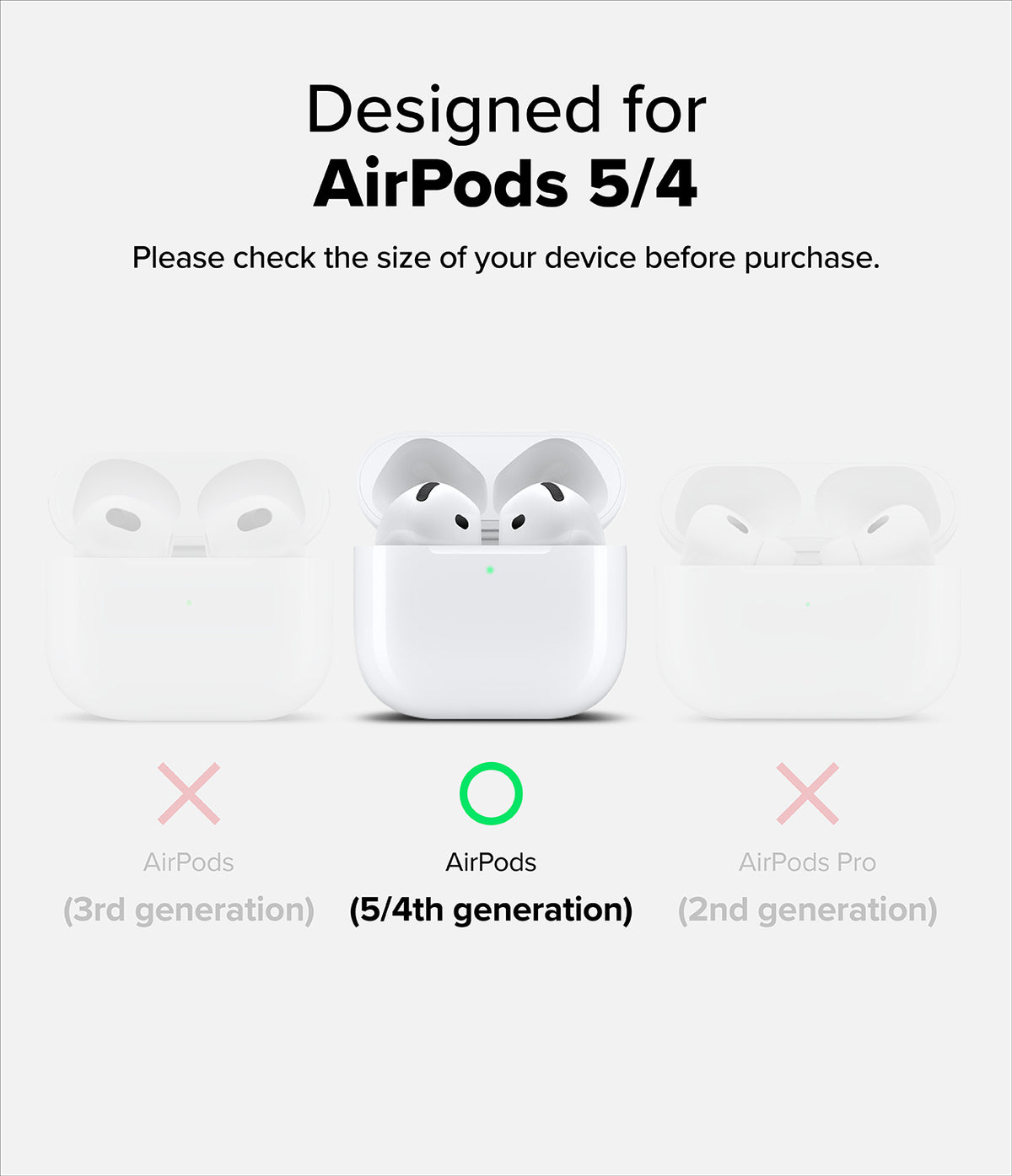 AirPods 5 / 4 Case | Air - White wireless earbuds in an open charging case on a white background, with text above reading 'Designed for AirPods 5 & AirPods 4' and text below indicating compatibility with 4th and 5th generation AirPods.