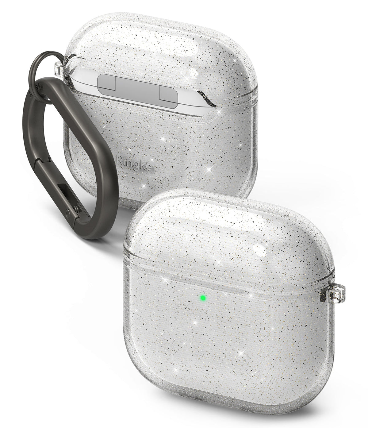 AirPods 5 / 4 Case | Air - Two clear, glittery protective cases for AirPods 4, one with a dark carabiner attached.