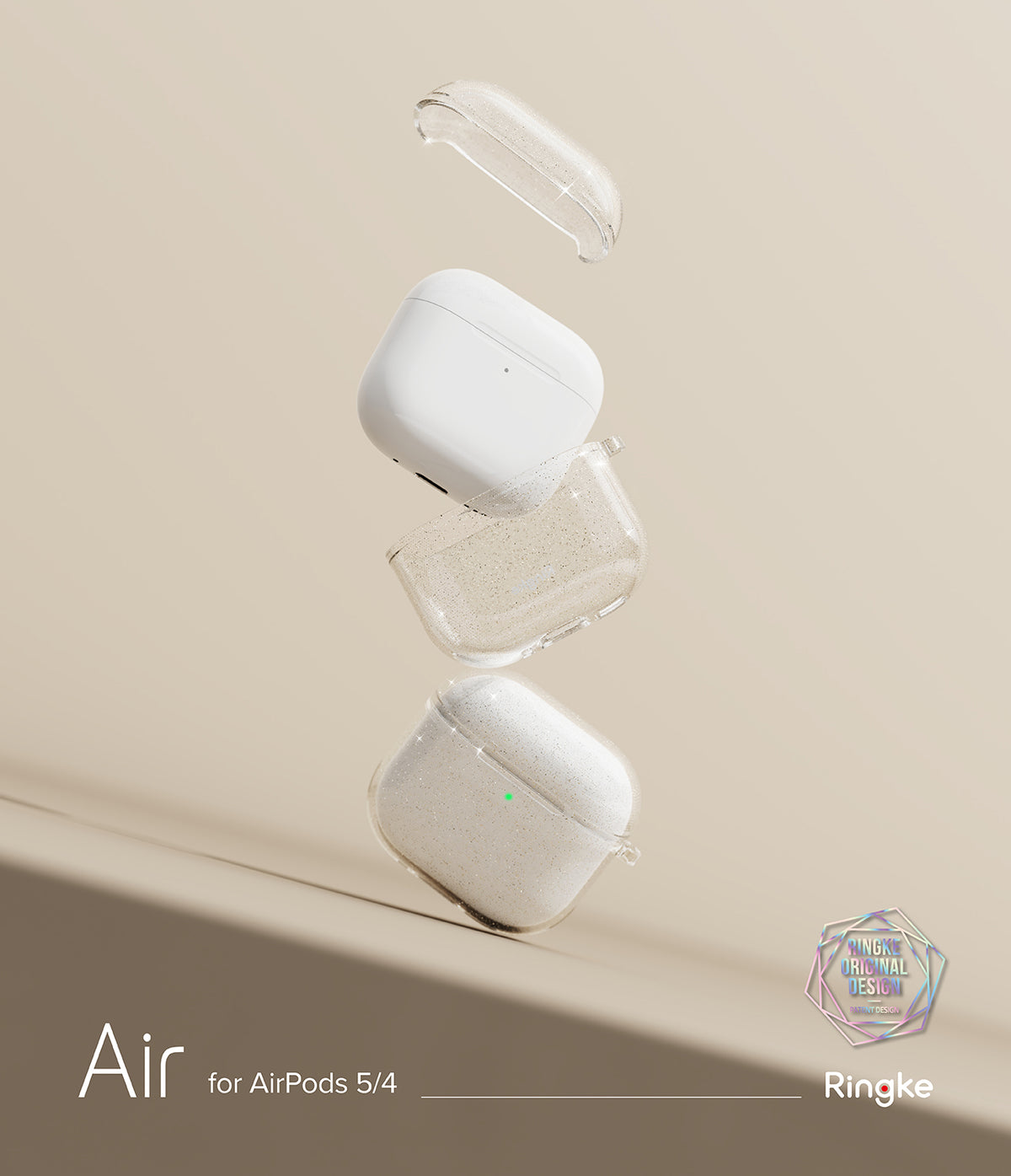 AirPods 5 / 4 Case | Air - Clear glitter AirPods 4 case components floating above a white charging case on a beige background.
