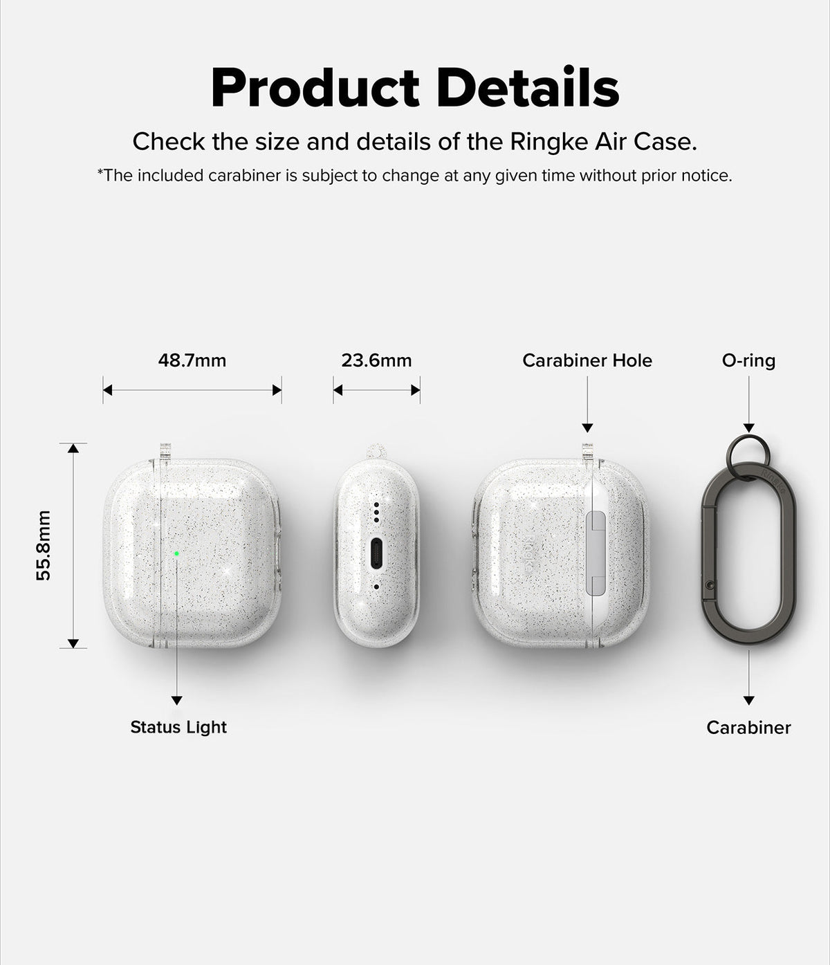 AirPods 5 / 4 Case | Air - Technical diagram showing dimensions and features of a glittery clear AirPods 4 case with a carabiner.