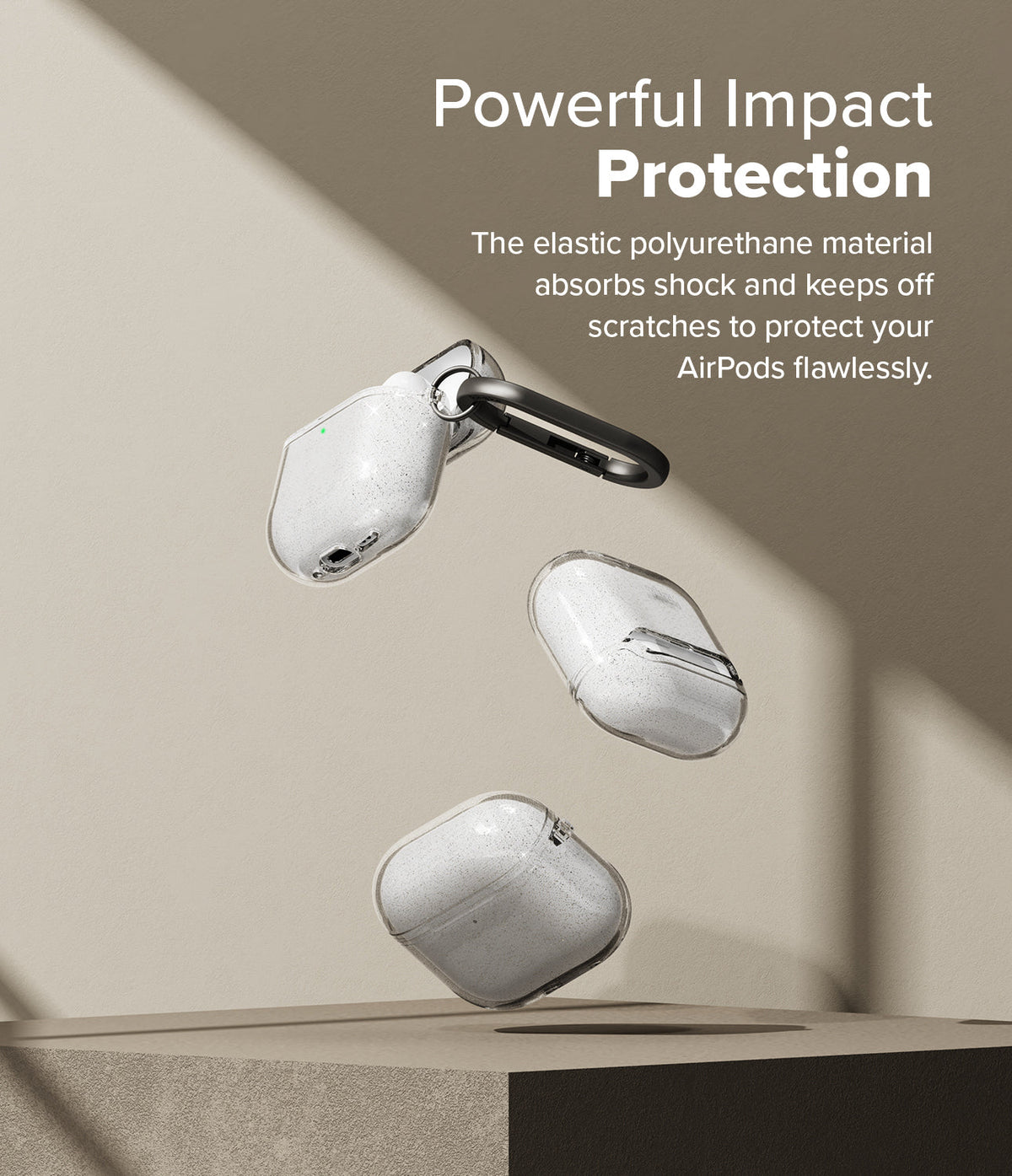 AirPods 5 / 4 Case | Air - Three clear, glittery AirPods 4 cases floating against a beige background with a black carabiner.