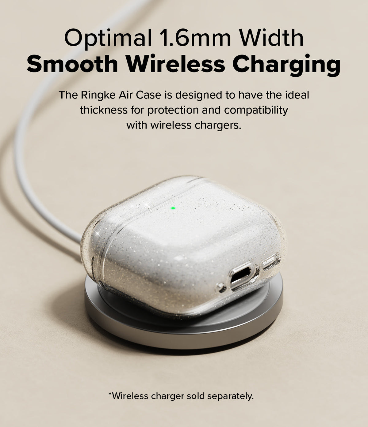 AirPods 5 / 4 Case | Air - Glittery clear AirPods 4 case resting on a wireless charging pad with a green charging indicator light.