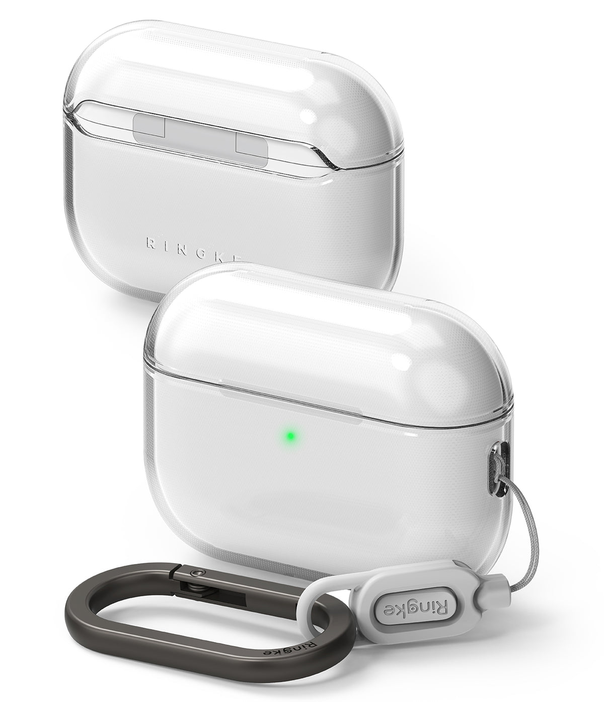 AirPods Pro 3 Case | Air - Two clear protective cases for AirPods Pro, one with a grey carabiner and Ringke branding.