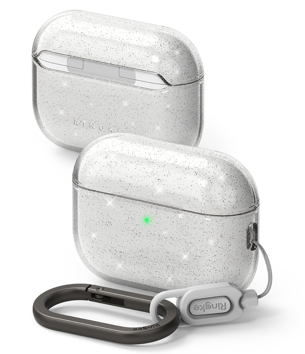 AirPods Pro 3 Case | Air - Clear, glittery protective case for AirPods Pro with a green LED light and a carabiner clip.