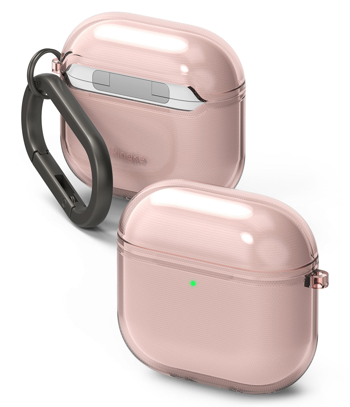 AirPods 5 / 4 Case | Air - Translucent pink protective case for AirPods 4 with a dark gray carabiner and visible green LED light.