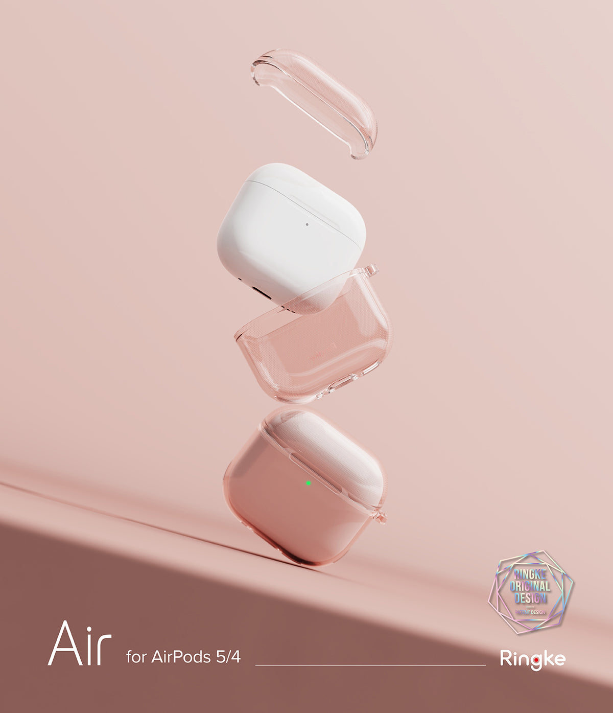 AirPods 5 / 4 Case | Air - Exploded view of a clear protective case floating around white AirPods 4 on a soft pink background.
