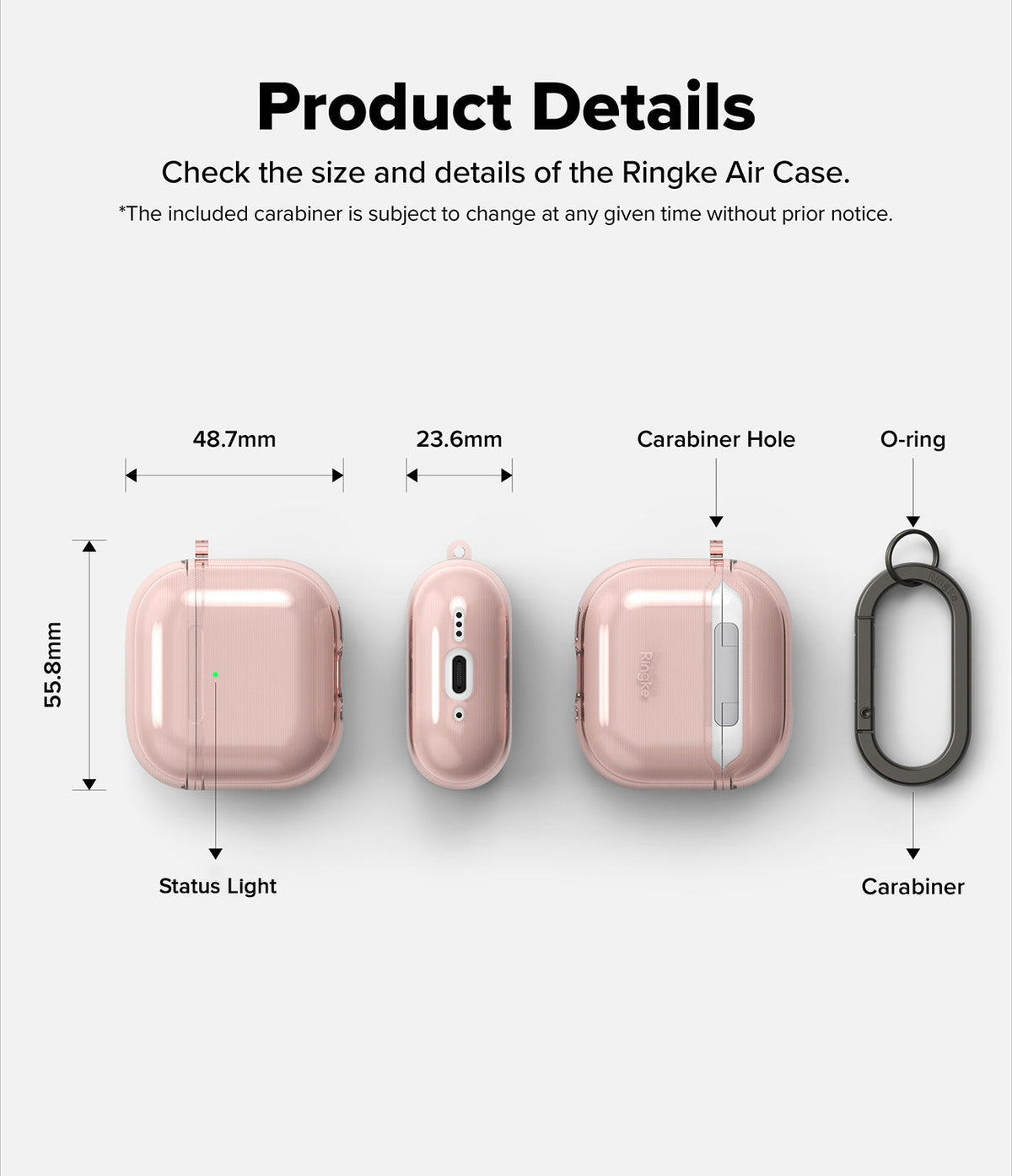 AirPods 5 / 4 Case | Air - Technical diagram showing dimensions and features of a pink AirPods 4 case with a carabiner.
