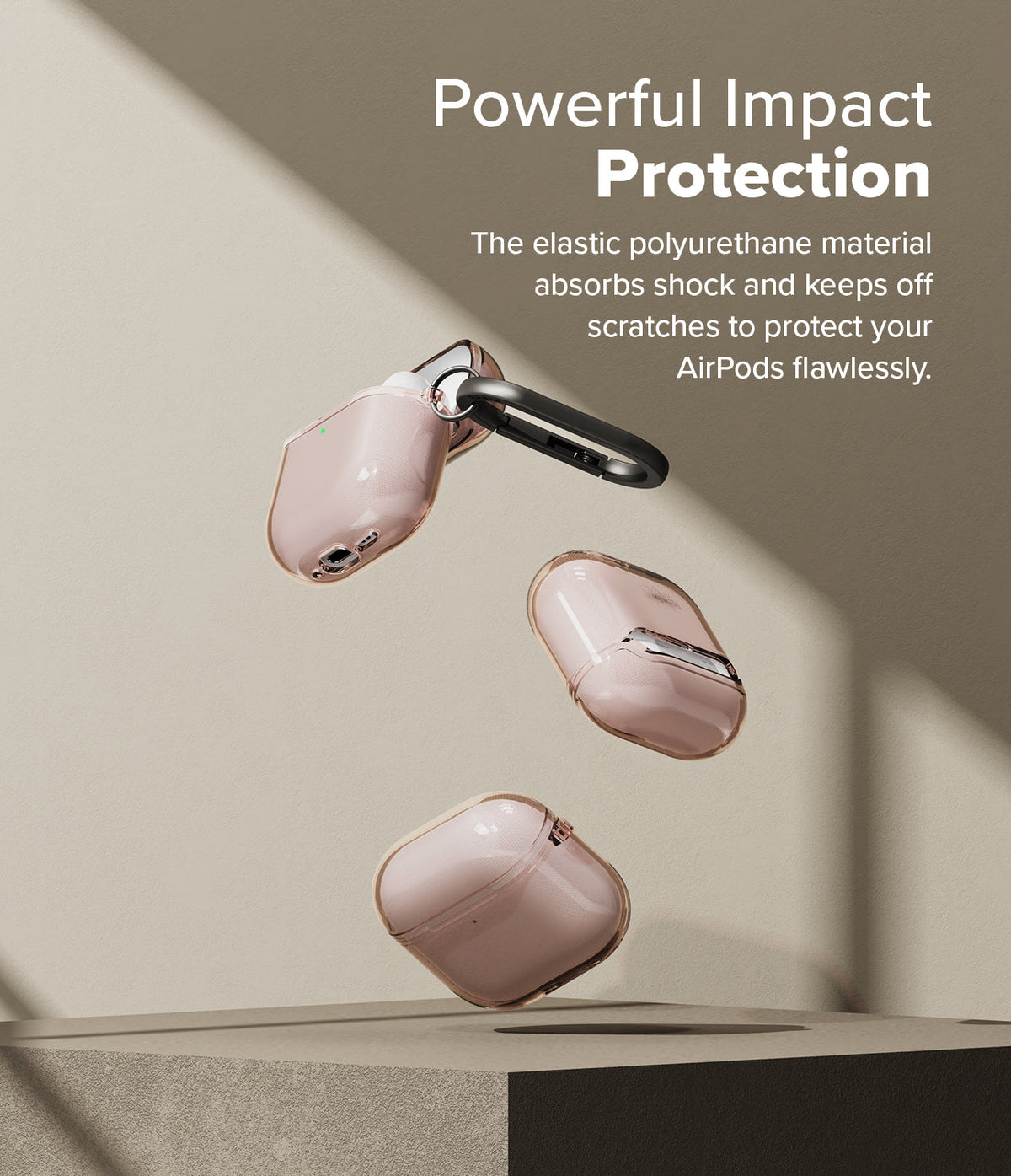 AirPods 5 / 4 Case | Air - Three pink translucent AirPods 4 cases floating against a neutral background with text overlay.