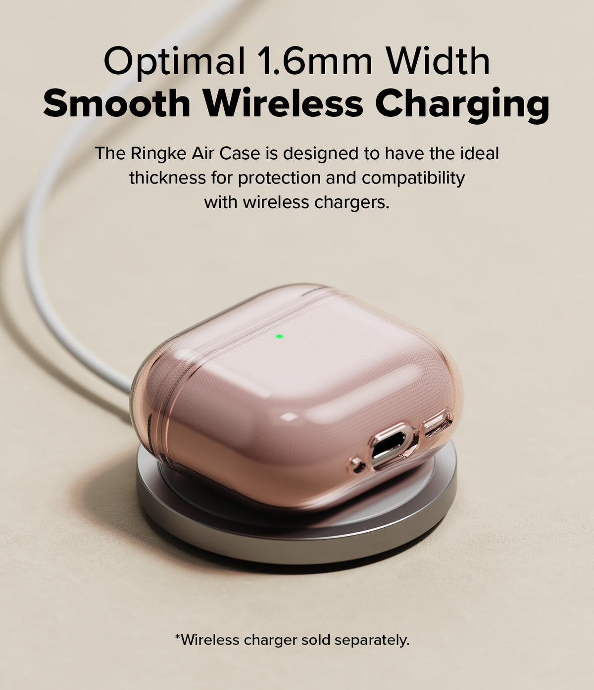 AirPods 5 / 4 Case | Air - Rose gold AirPods 4 case resting on a wireless charging pad with a glowing green status light.