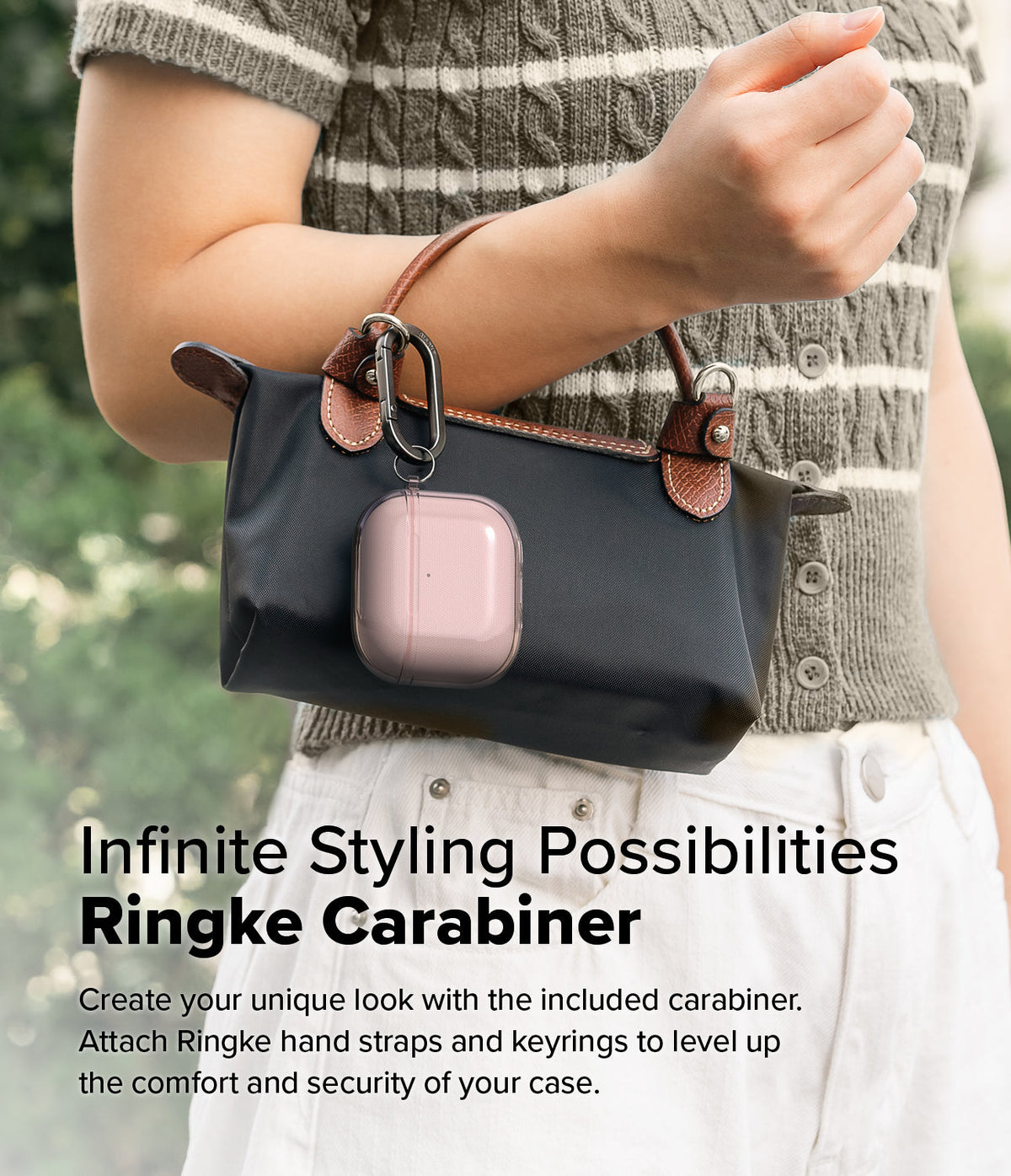 AirPods 5 / 4 Case | Air - A pink translucent AirPods 4 case attached to a black handbag with a black metal carabiner.