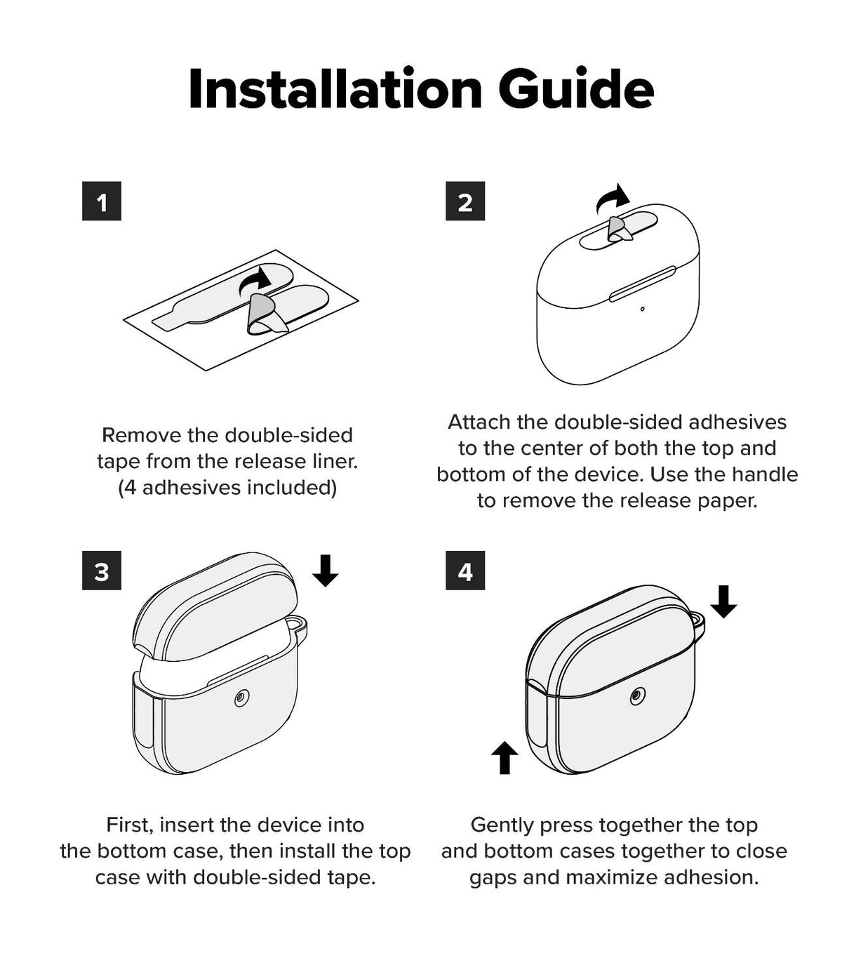 AirPods 5 / 4 Case | Onyx Magnetic - Four-step line art illustration showing how to apply adhesive strips and install the protective case.