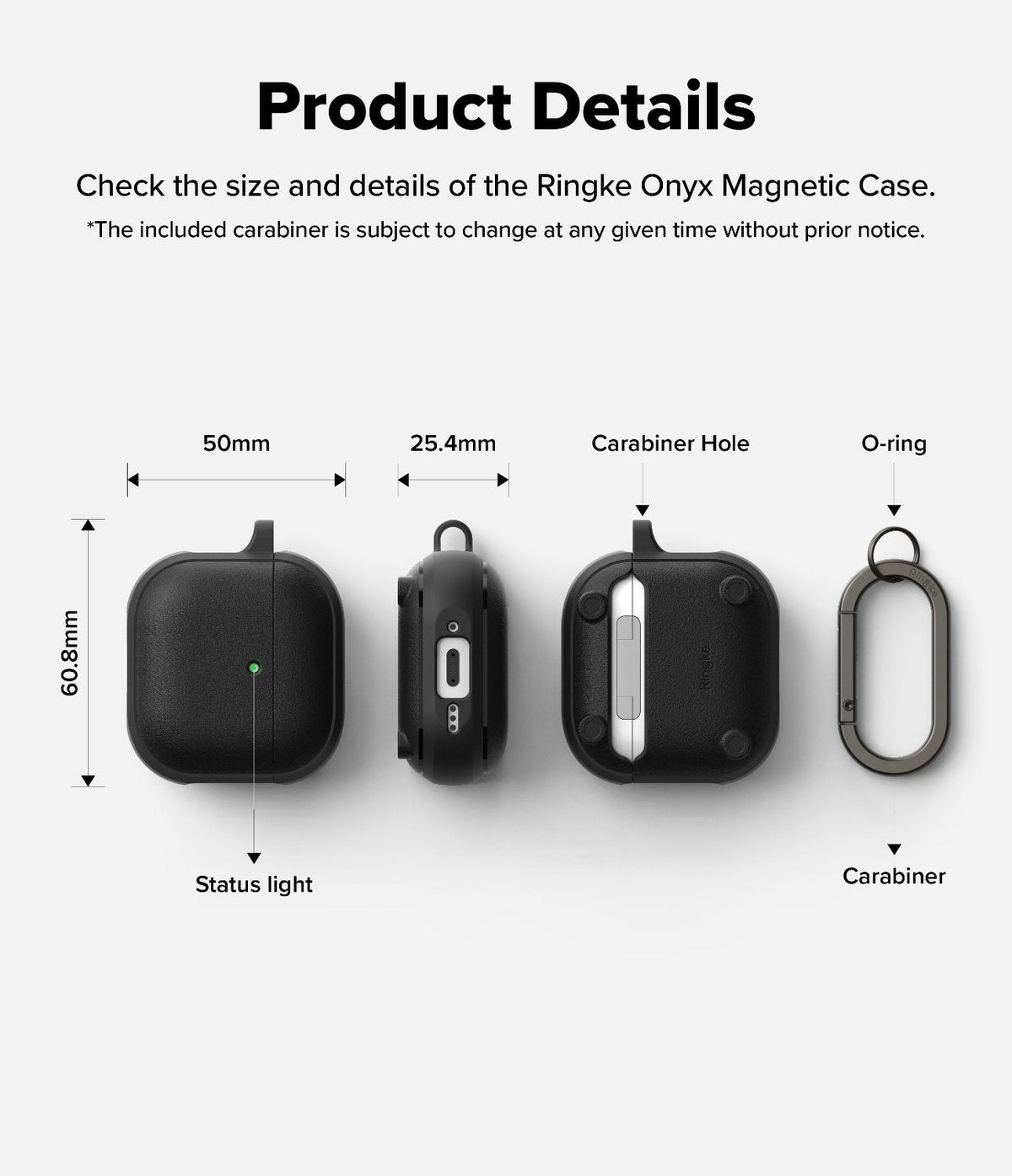 AirPods 5 / 4 Case | Onyx Magnetic - Technical diagram showing dimensions and features of the black protective case and carabiner.