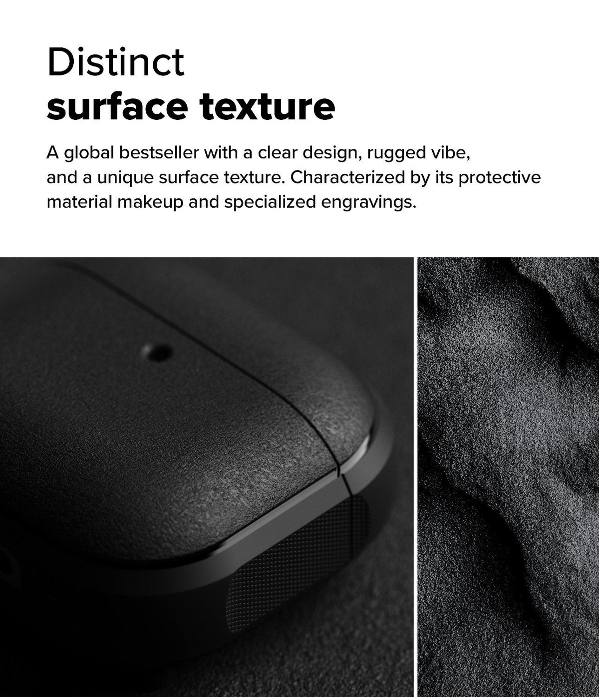 AirPods 5 / 4 Case | Onyx Magnetic - Close-up of a black, textured AirPods case next to a zoomed-in view of its rugged surface.