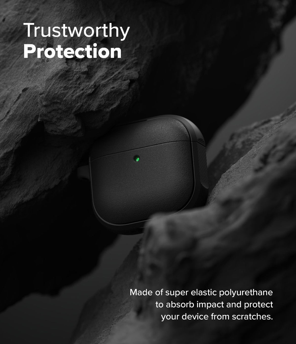 AirPods 5 / 4 Case | Onyx Magnetic - Black AirPods 4 case with a glowing green light nestled between dark, rugged rock formations.