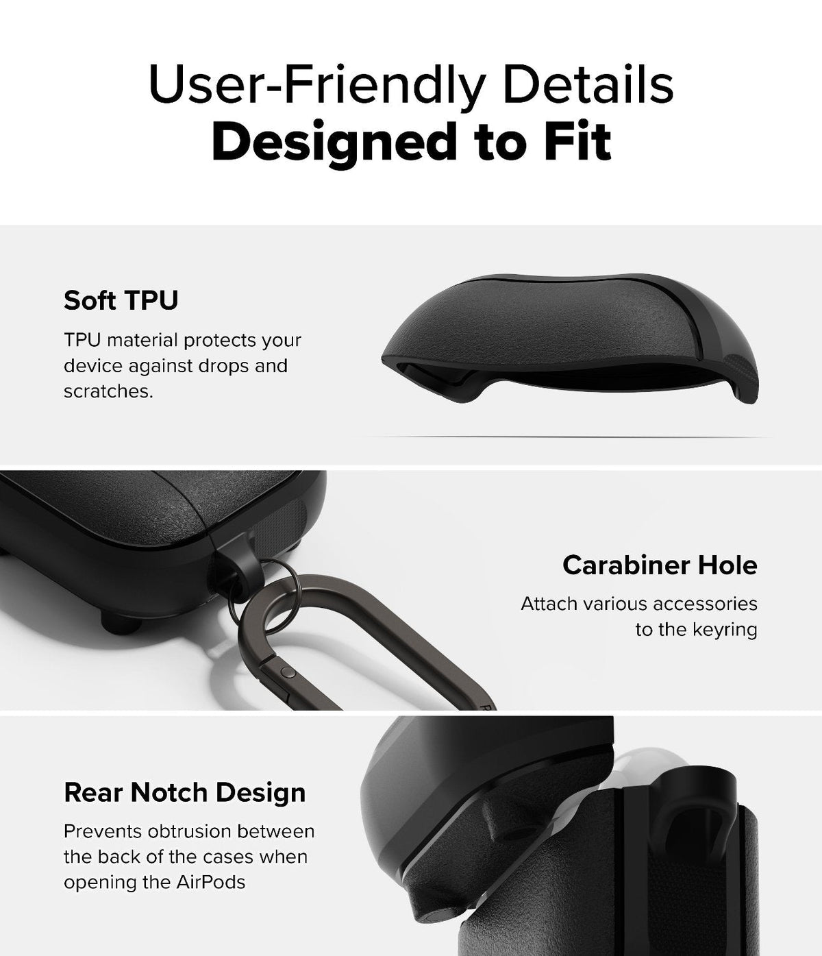 AirPods 5 / 4 Case | Onyx Magnetic - Infographic showing soft TPU material, carabiner hole, and rear notch design for the case.