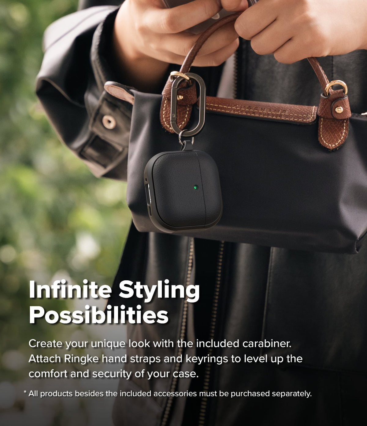 AirPods 5 / 4 Case | Onyx Magnetic - Black leather AirPods 4 case with a carabiner clipped to a black handbag handle.
