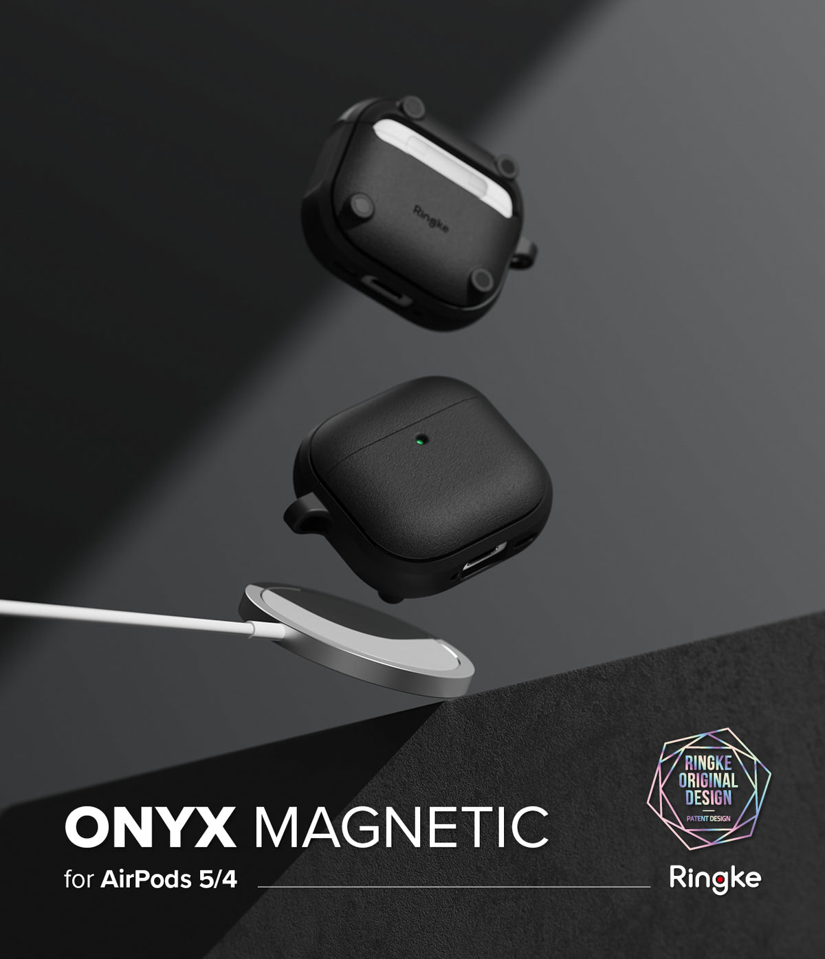 AirPods 5 / 4 Case | Onyx Magnetic - Two black matte AirPods 4 cases floating above a magnetic wireless charger on a dark background.