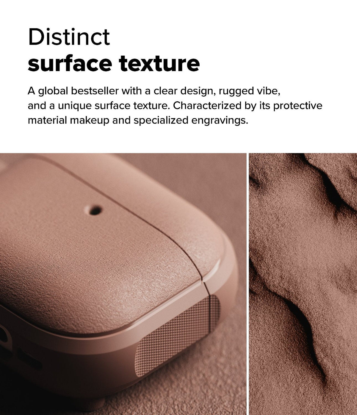 AirPods 5 / 4 Case | Onyx Magnetic - Close-up of a textured, matte brown AirPods case next to a rugged, sandy surface.