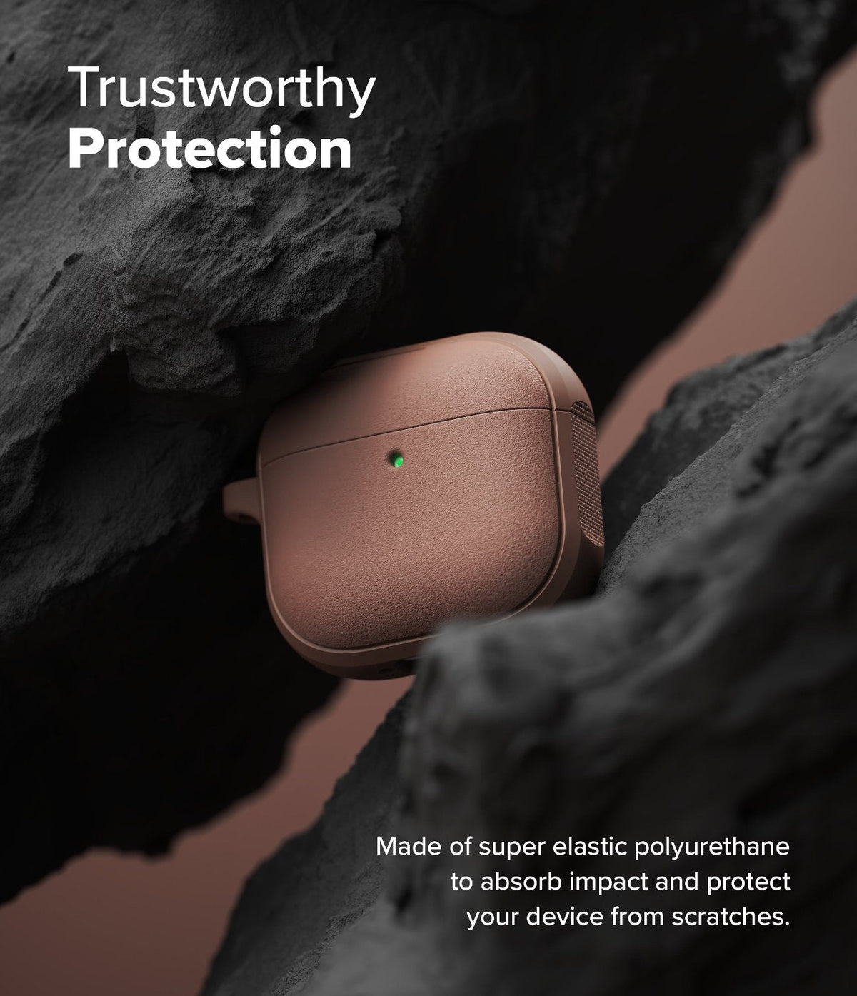 AirPods 5 / 4 Case | Onyx Magnetic - A matte brown AirPods 4 case nestled between jagged dark rocks with a glowing green status light.