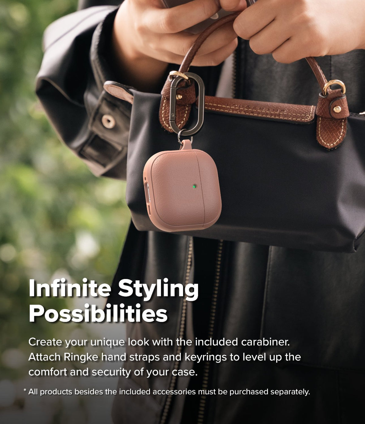 AirPods 5 / 4 Case | Onyx Magnetic - A dusty rose AirPods 4 case with a carabiner attached to a black handbag held by a person.