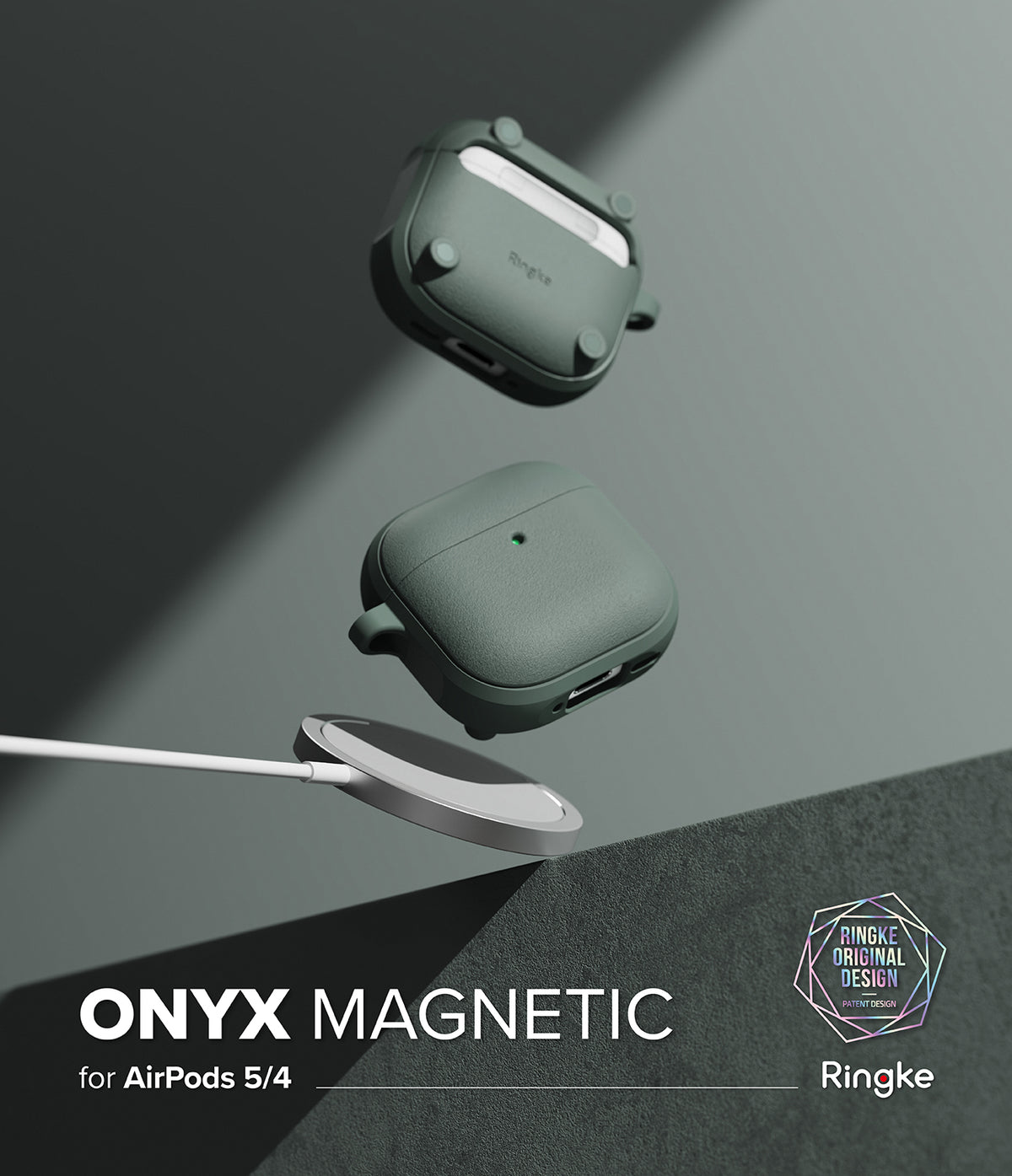 AirPods 5 / 4 Case | Onyx Magnetic - Two sage green AirPods 4 cases floating above a magnetic wireless charger on a dark surface.
