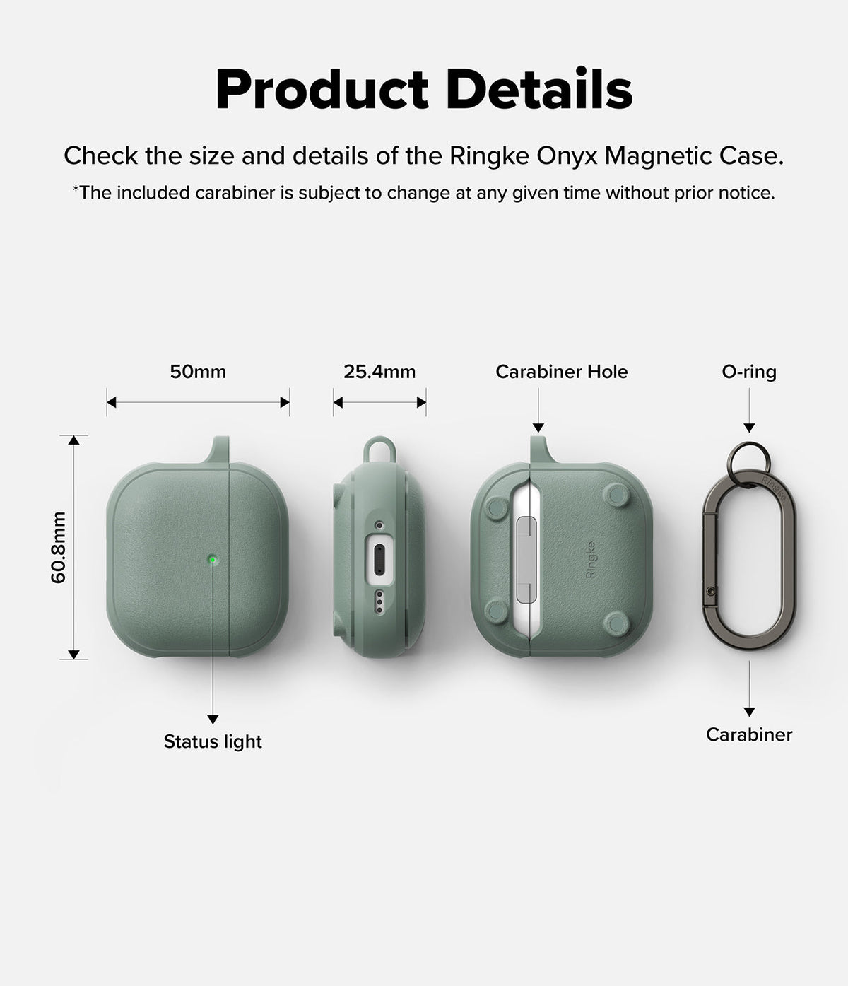 AirPods 5 / 4 Case | Onyx Magnetic - Technical diagram showing dimensions and features of the sage green AirPods 4 case.