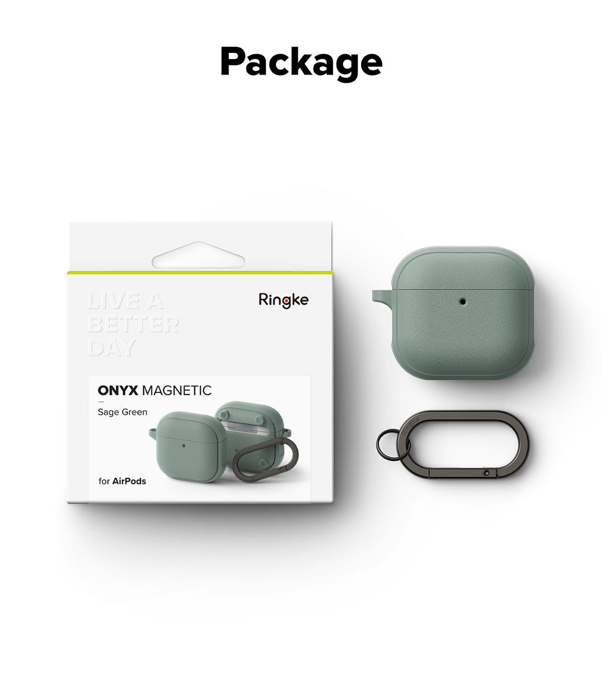 AirPods 5 / 4 Case | Onyx Magnetic - Sage green AirPods 4 case, matching carabiner, and retail packaging box on white background.