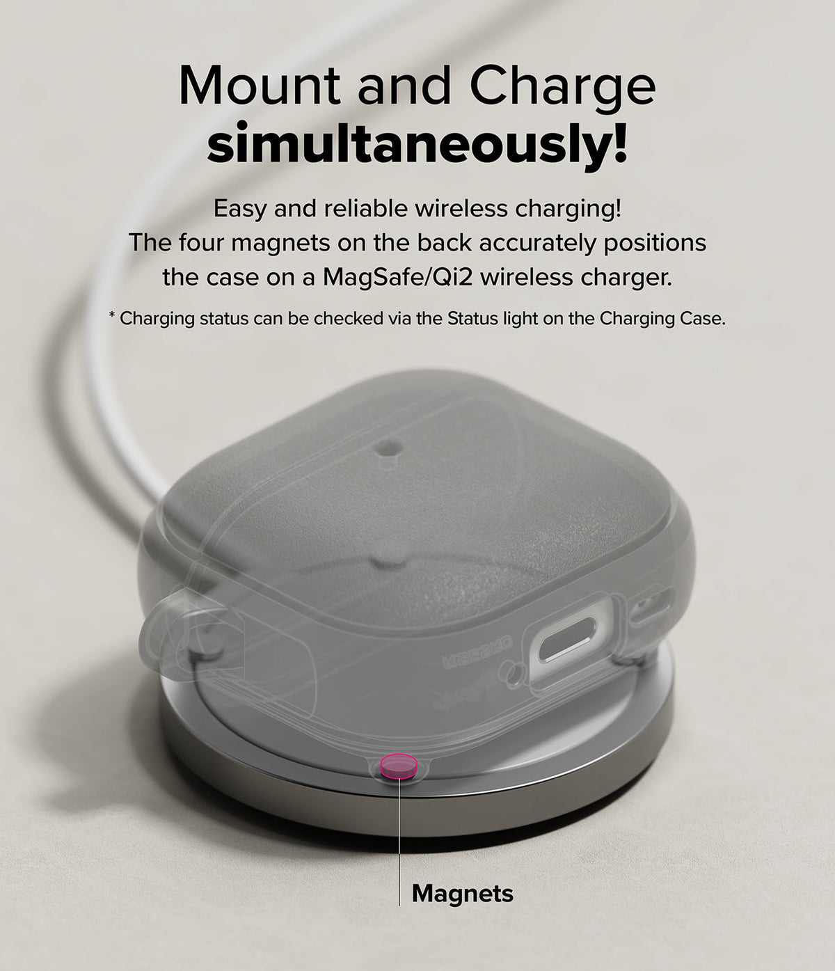 AirPods 5 / 4 Case | Onyx Magnetic - Translucent AirPods 4 case charging on a magnetic wireless dock with highlighted magnets.