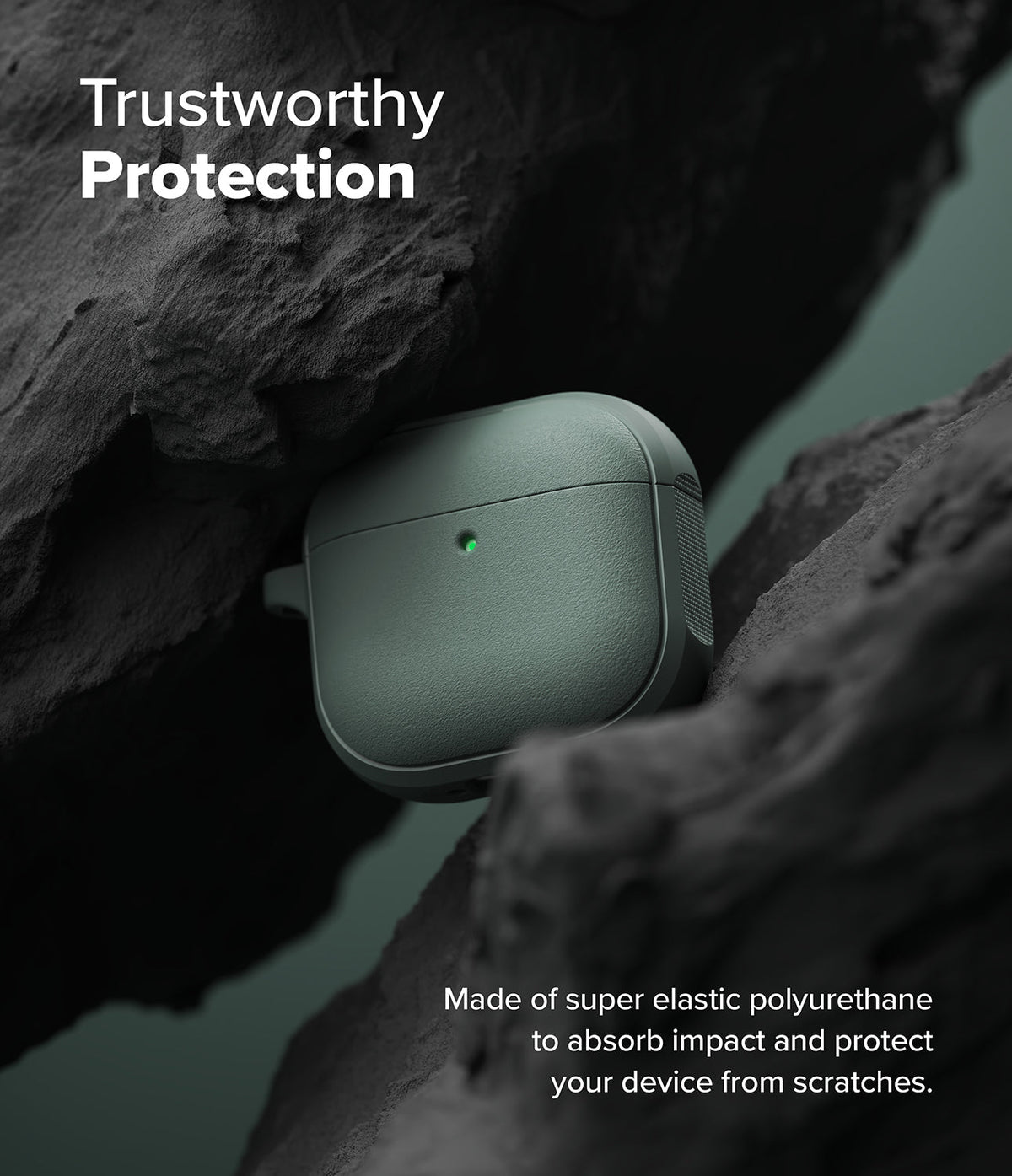 AirPods 5 / 4 Case | Onyx Magnetic - Matte green AirPods 4 case nestled between dark, rugged rock formations with a glowing status light.