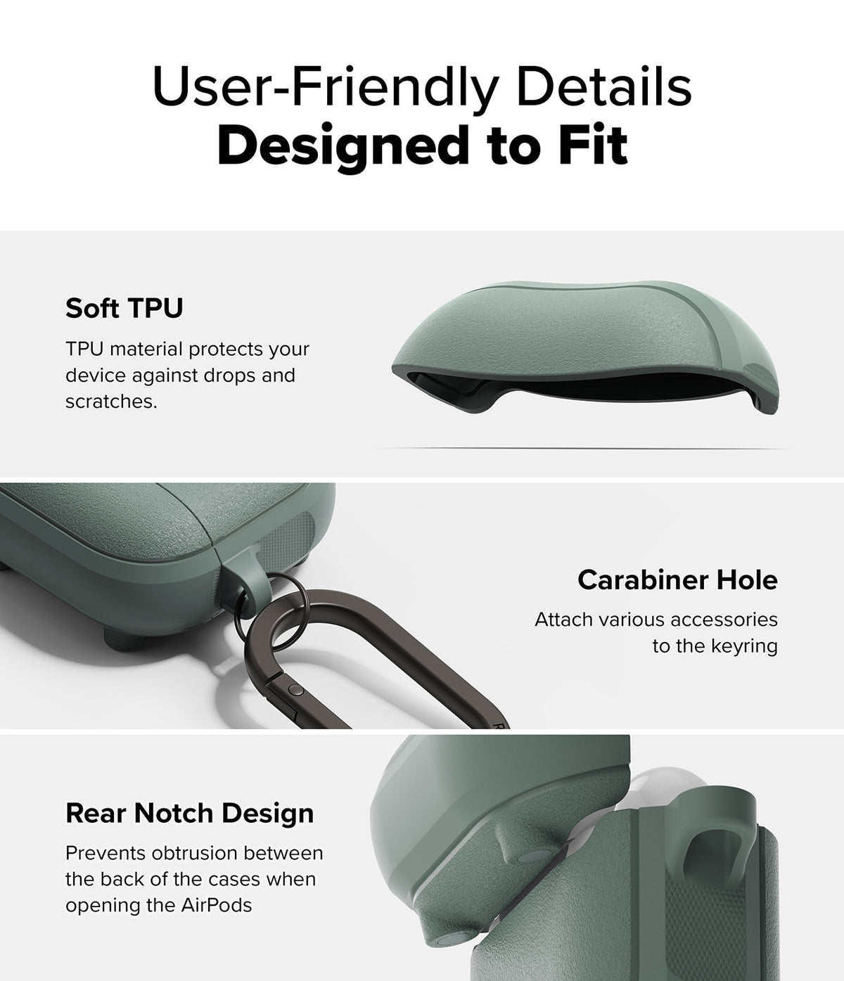AirPods 5 / 4 Case | Onyx Magnetic - Infographic showing soft TPU, carabiner hole, and rear notch design features of the case.