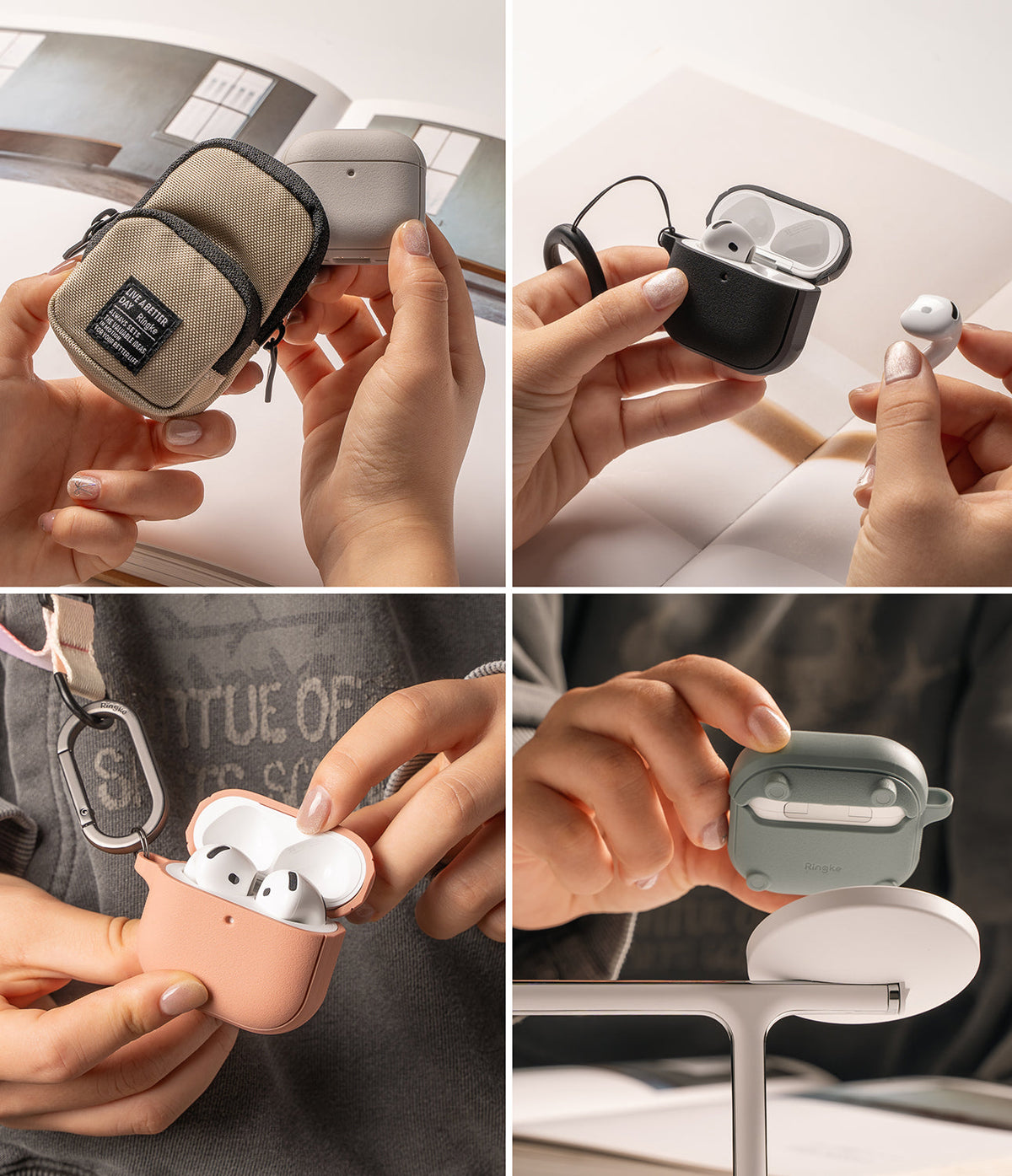 AirPods 5 / 4 Case | Onyx Magnetic - Four-panel collage showing AirPods 4 cases in various colors, textures, and magnetic charging.