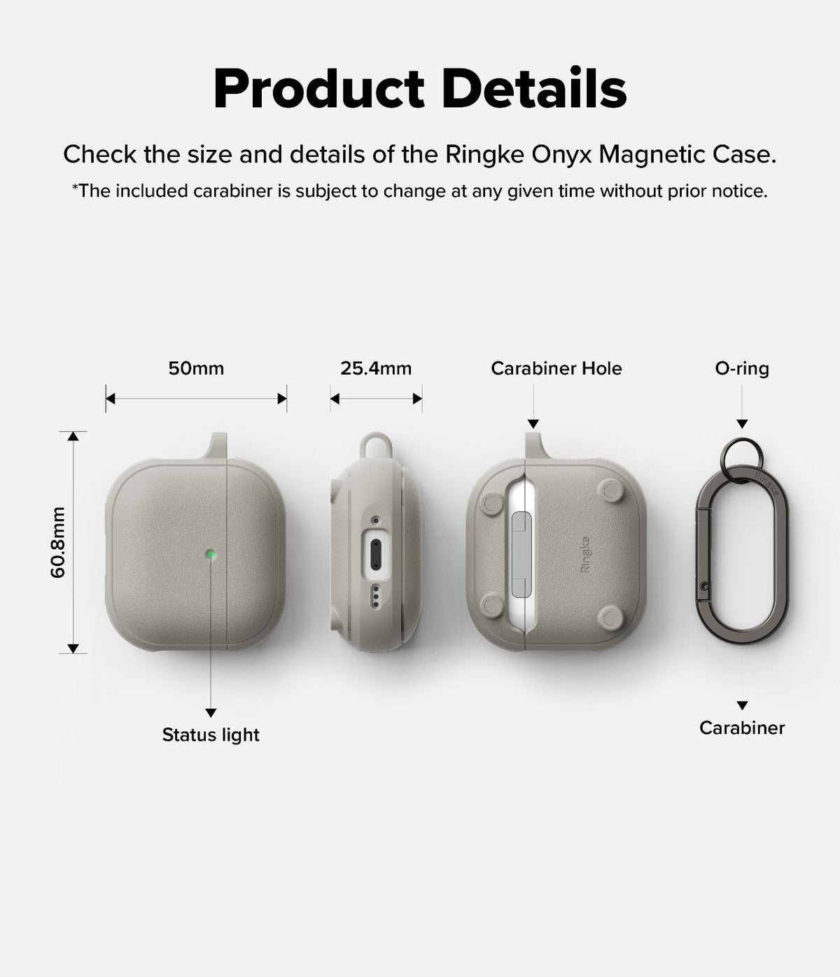 AirPods 5 / 4 Case | Onyx Magnetic - Technical diagram showing dimensions and features of the gray protective case and carabiner.
