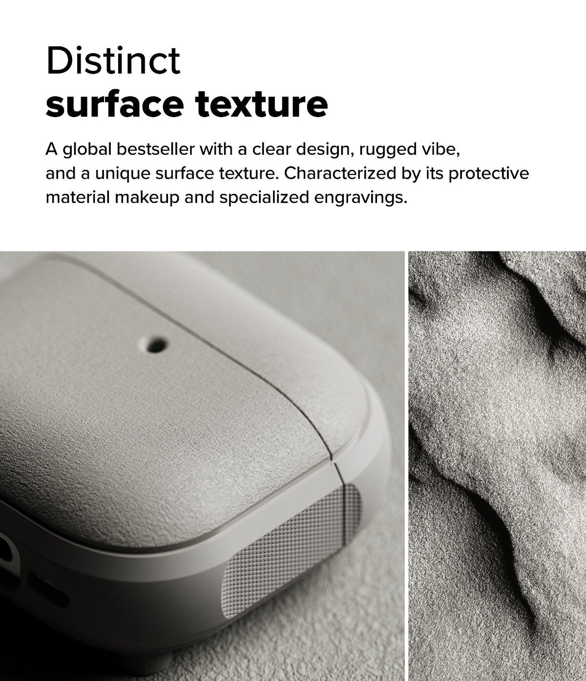 AirPods 5 / 4 Case | Onyx Magnetic - Close-up of a textured grey AirPods 4 case next to a sand-like surface texture detail.