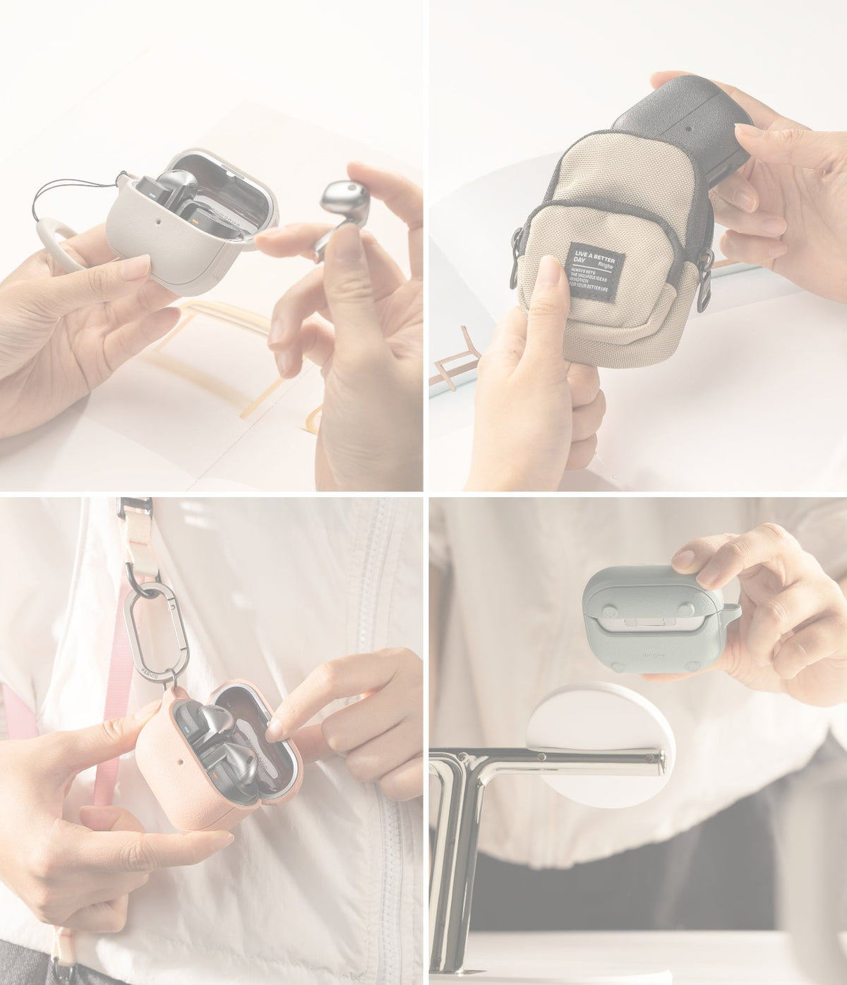 AirPods 5 / 4 Case | Onyx Magnetic - Four-panel collage showing hands using various protective cases for AirPods 4 with magnetic features.