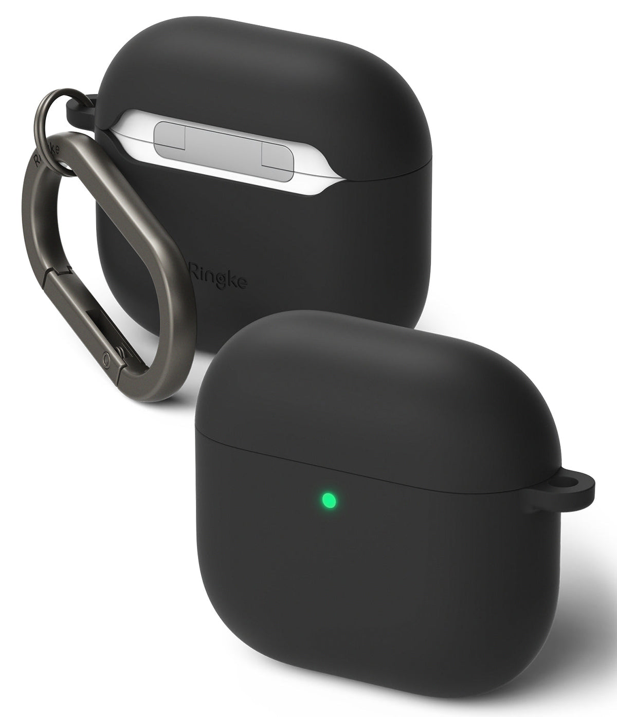 AirPods 5 / 4 Case | Silicone Case - AirPods 4 Case - Two black silicone cases for AirPods 4, one with a metal carabiner and one showing a glowing green light.