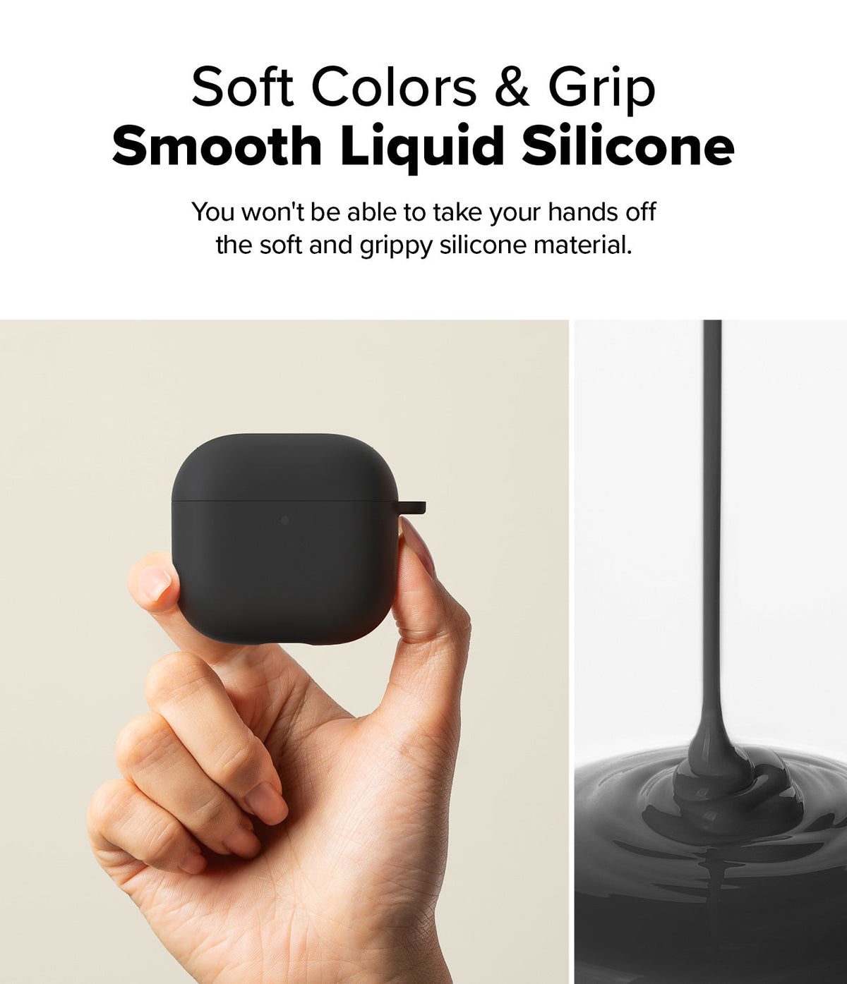 AirPods 5 / 4 Case | Silicone Case - AirPods 4 Case - Hand holding a black silicone AirPods 4 case next to a stream of liquid black silicone.