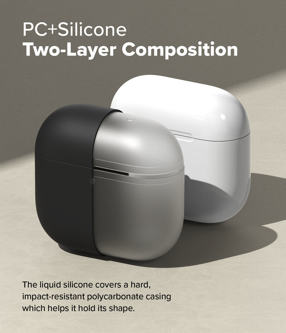 AirPods 5 / 4 Case | Silicone Case - AirPods 4 Case - Two-layer AirPods 4 case showing a black silicone outer shell over a silver polycarbonate inner casing.