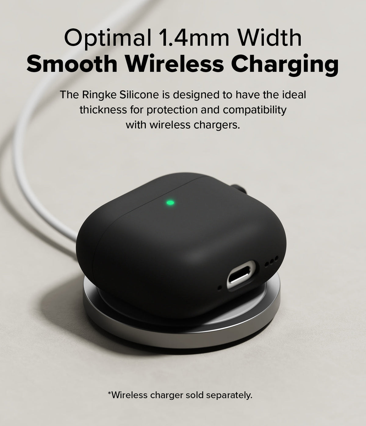 AirPods 5 / 4 Case | Silicone Case - AirPods 4 Case - Black silicone case on a wireless charger with a glowing green status light.