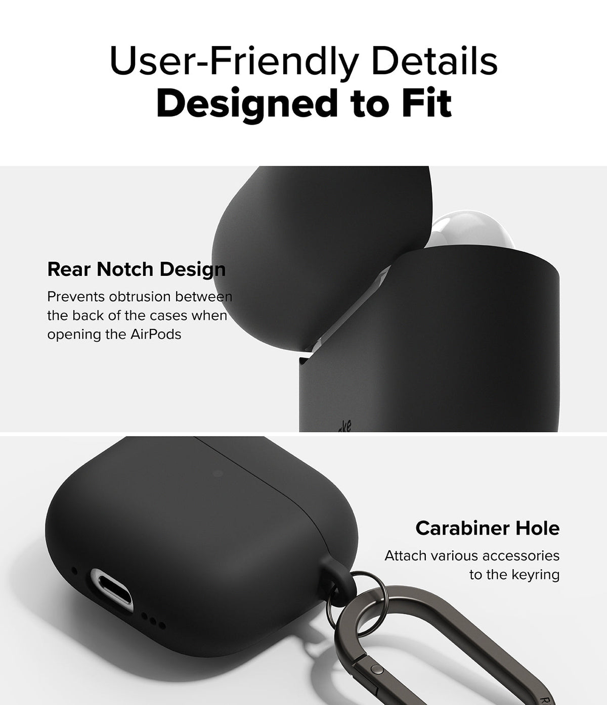 AirPods 5 / 4 Case | Silicone Case - AirPods 4 Case - Silicone case showing rear notch for smooth opening and a side carabiner hole for accessory attachment.