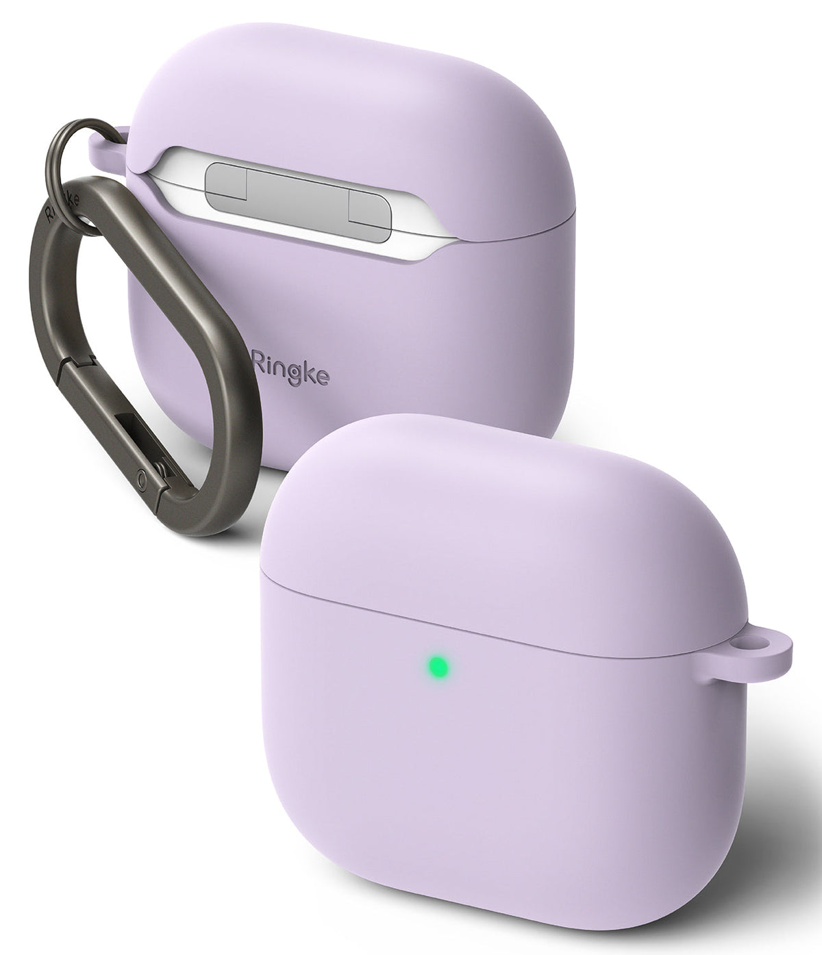 AirPods 5 / 4 Case | Silicone Case - AirPods 4 Case - Lavender silicone case for AirPods 4 with a dark metal carabiner and a glowing green status light.