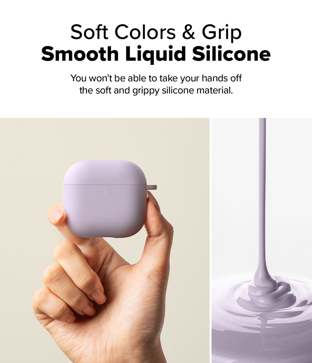 AirPods 5 / 4 Case | Silicone Case - AirPods 4 Case - Hand holding a lavender silicone AirPods 4 case next to a stream of liquid silicone.