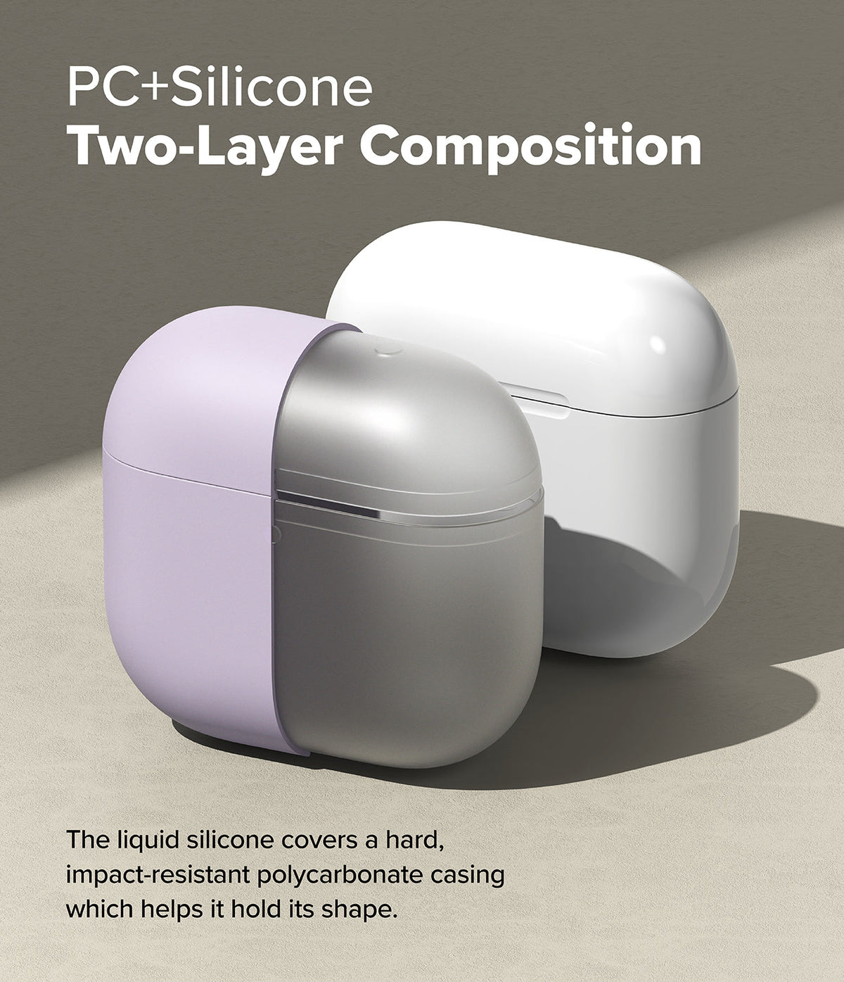 AirPods 5 / 4 Case | Silicone Case - AirPods 4 Case - Two-layer AirPods 4 case showing a lavender silicone shell over a hard, metallic polycarbonate inner casing.